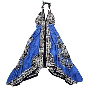 KIRAT Halter‎ Dress Womens M Blue Asymmetrical Embroidered Boho Western Festival